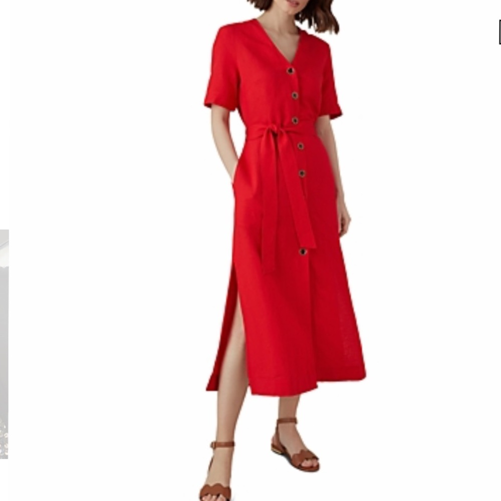 Karen Millen Buttoned-front linen-blend red dress